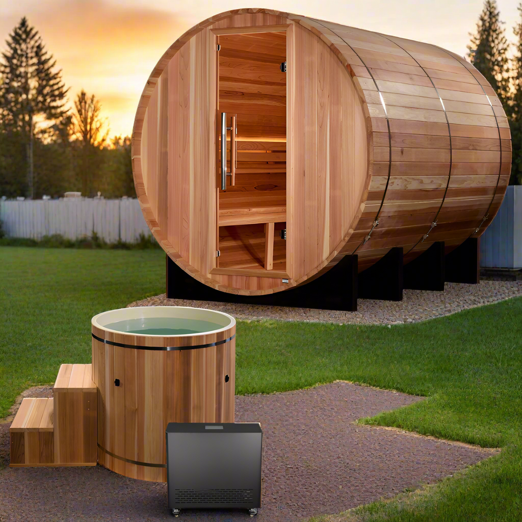 6-Person Klosters Outdoor Barrel Sauna & Cold Plunge Contrast Therapy Kit