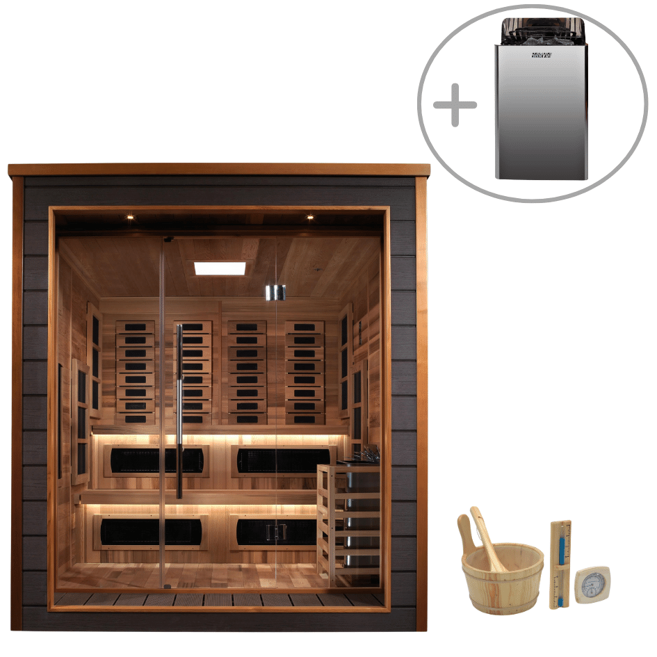 Golden Designs Karlstad 6-Person Hybrid Outdoor Sauna w/ Full Spectrum Infrared & Harvia Traditional Electric Heater Kit | GDI-8226-01