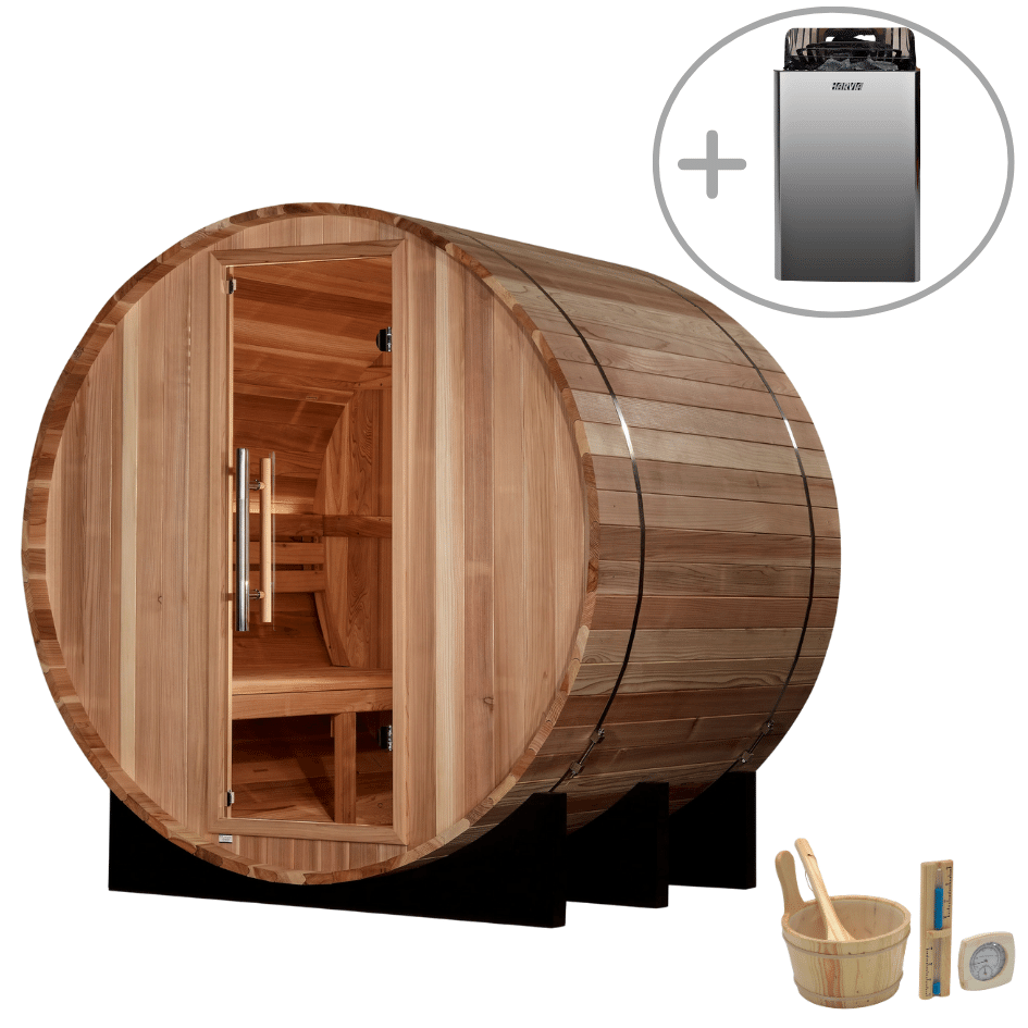 Golden Designs St. Moritz 2-4 Person Cedar Barrel Sauna & Harvia Traditional Electric Heater Kit | GDI-B002-01