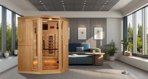 Golden Designs Reserve Edition 3-Person Corner Full Spectrum Near Zero EMF FAR Infrared Sauna w/ Himalayan Salt Bar | GDI-8035-03